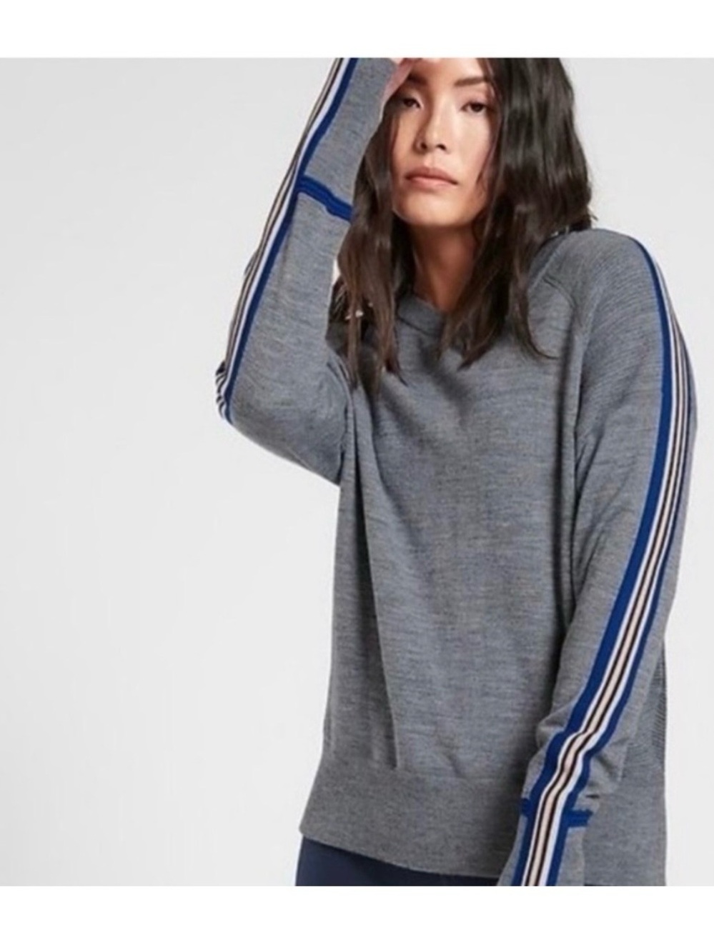 Athleta Gray Canyon Striped Sleeve Extra Fine Merino Wool Sweater Size XS